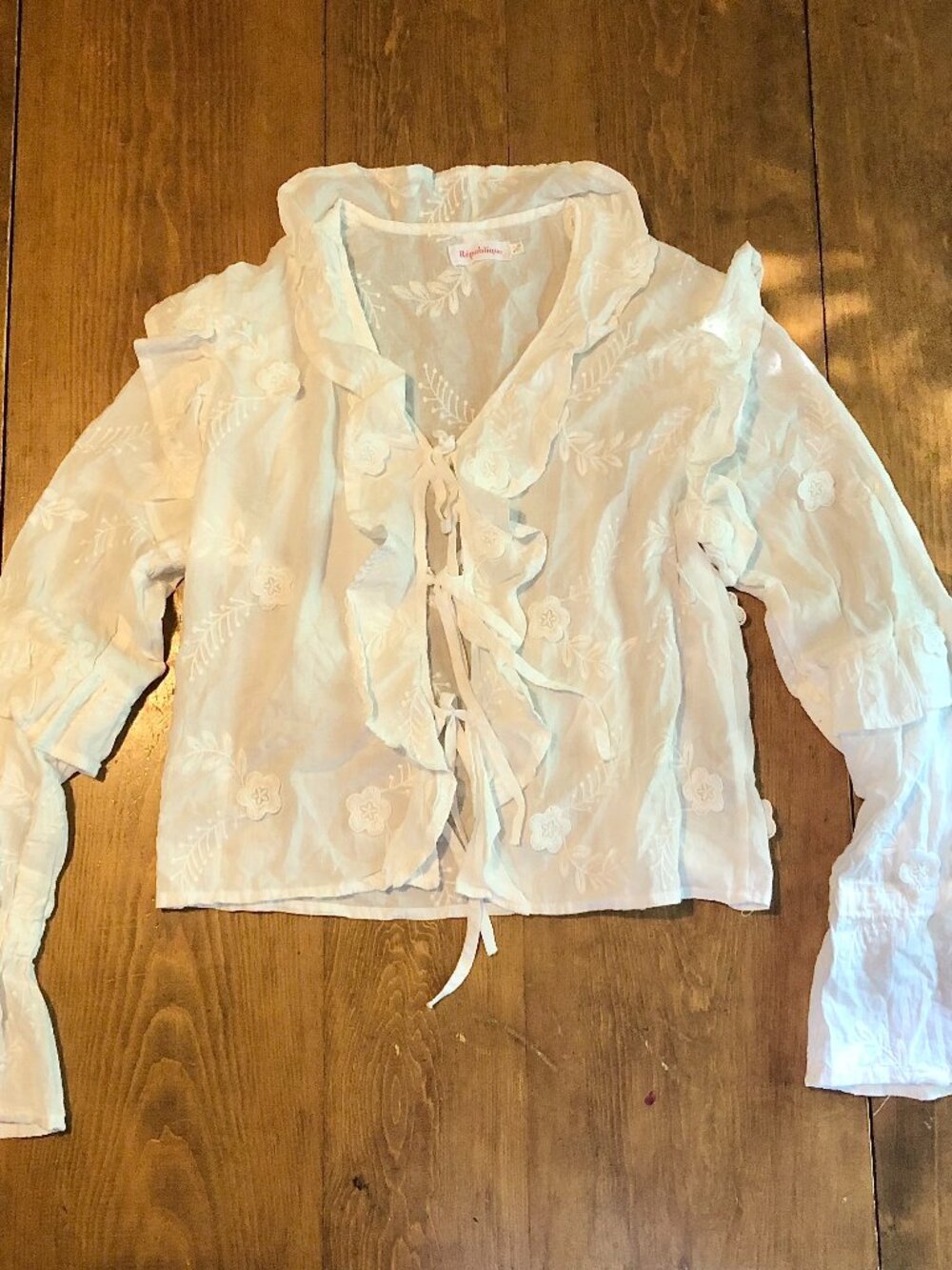White S/M Ren Faire Tie Front Ruffle Cottagecore Fairy Peasant Blouse
